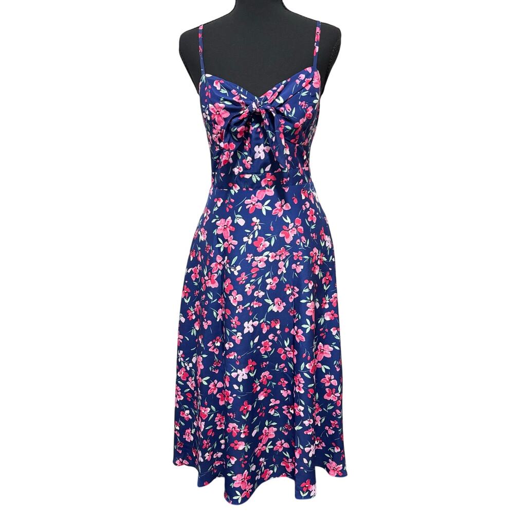 Eliza J Floral Fit & Flare Midi Dress Navy Pink Bow Front Sleeveless Women’s 4
